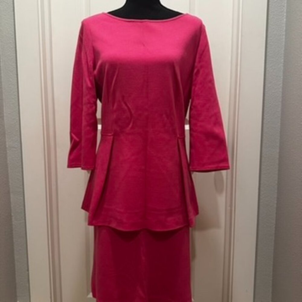St. John Knits Milano Knit Peplum Top & Matching Skirt in Bright Pink - Size 12